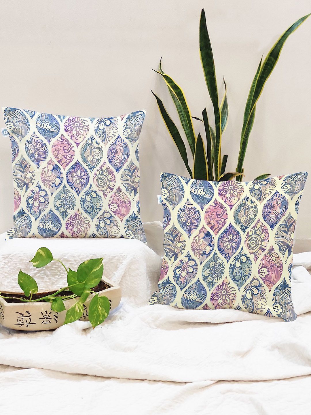 STITCHNEST Set Of 2 Blue & Cream-Coloured Geometric Square Cushion Covers