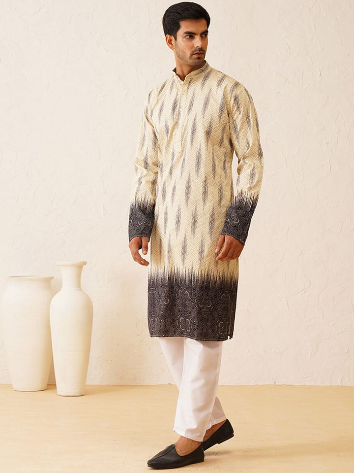 SOJANYA LUXE Motif Etnik Sulam Kolar Mandarin Berlabuci Kurta Lurus