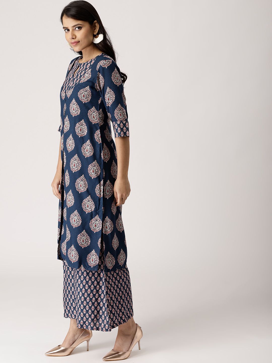 Libas Women Navy Blue & Beige Printed Kurta with Palazzos