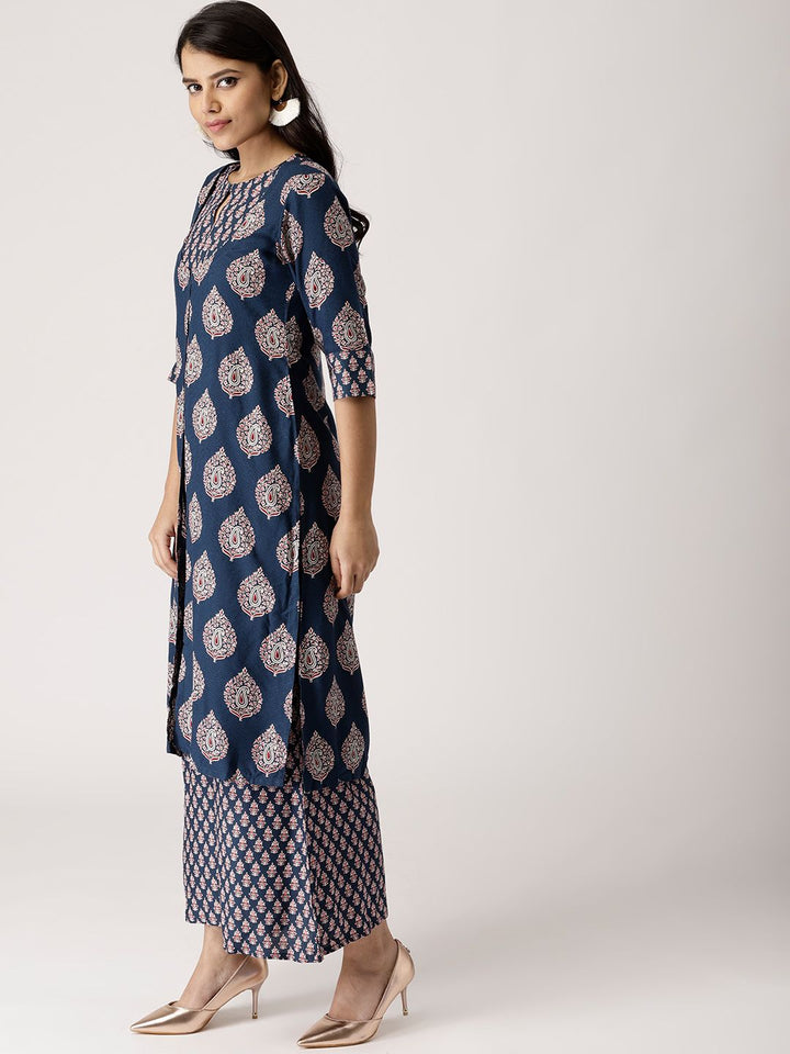 Libas Women Navy Blue & Beige Printed Kurta with Palazzos