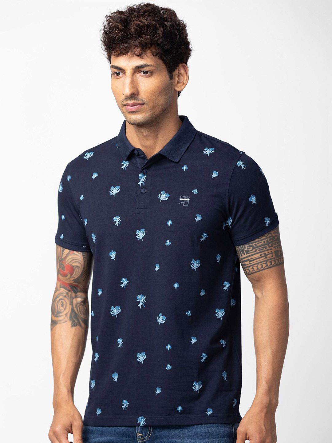 SPYKAR Men Floral Printed Polo Collar Cotton T-shirt