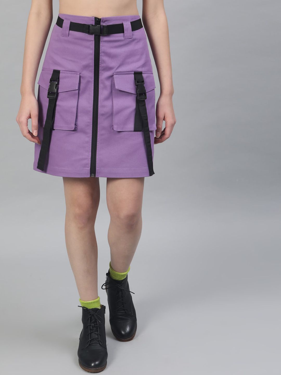 STREET 9 Women Purple Solid A-line Mini Pure Cotton Skirt