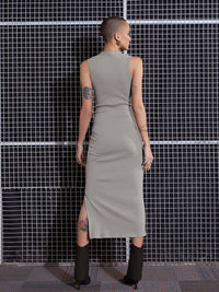 SASSAFRAS Grey Square Neck Side Slit Midi Sheath Dress