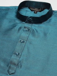 SOJANYA Lelaki Motif Etnik Teal Bersulam Kurta dengan Churidar dengan Jaket Nehru
