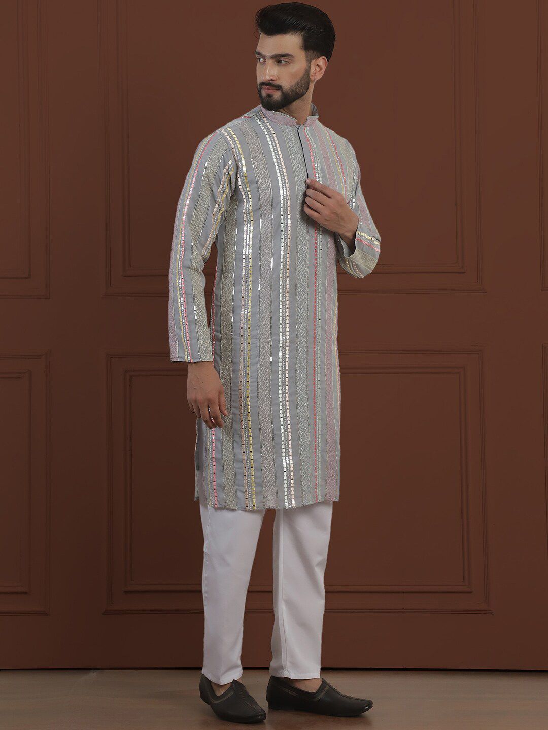 SOJANYA LUXE Striped Embroidered Mandarin Collar Straight Georgette Kurta & Pyjama