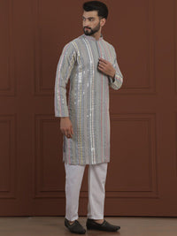 SOJANYA LUXE Striped Embroidered Mandarin Collar Straight Georgette Kurta & Pyjama