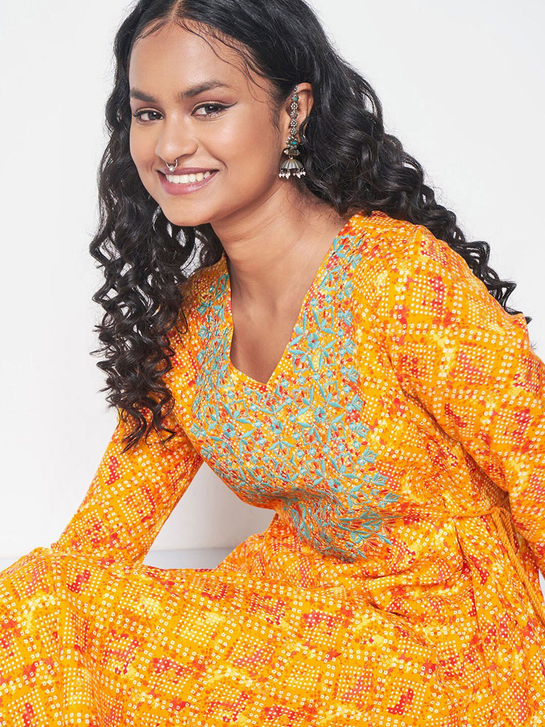 Global Desi Bandhani Printed Thread Work Kurta with Trousers