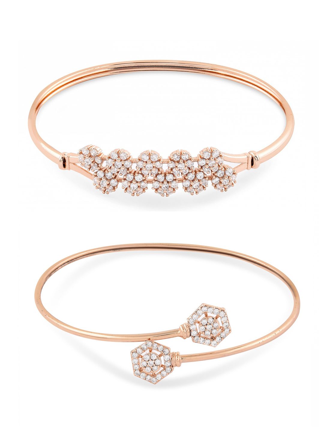 Zaveri Pearls Wanita Rose Gold &amp; White Brass Cubic Zirconia Kada Bracelet Set of 2