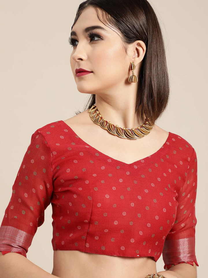 Saree Mall Blazing Red Linen Blend Saree
