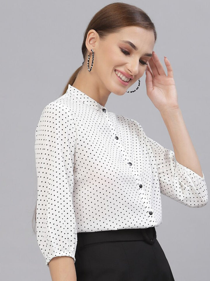 Style Quotient White & Black Polka Dot Print Mandarin Collar Shirt Style Top