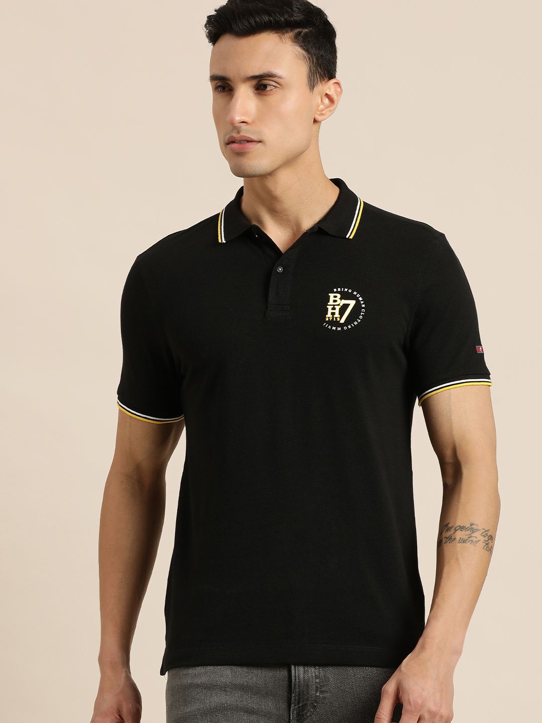 Menjadi T-shirt Lelaki Polo Kolar Polo Hitam Kapas Tumpahan T-shirt Kapas Slim Dengan Cetakan Logo Jenama