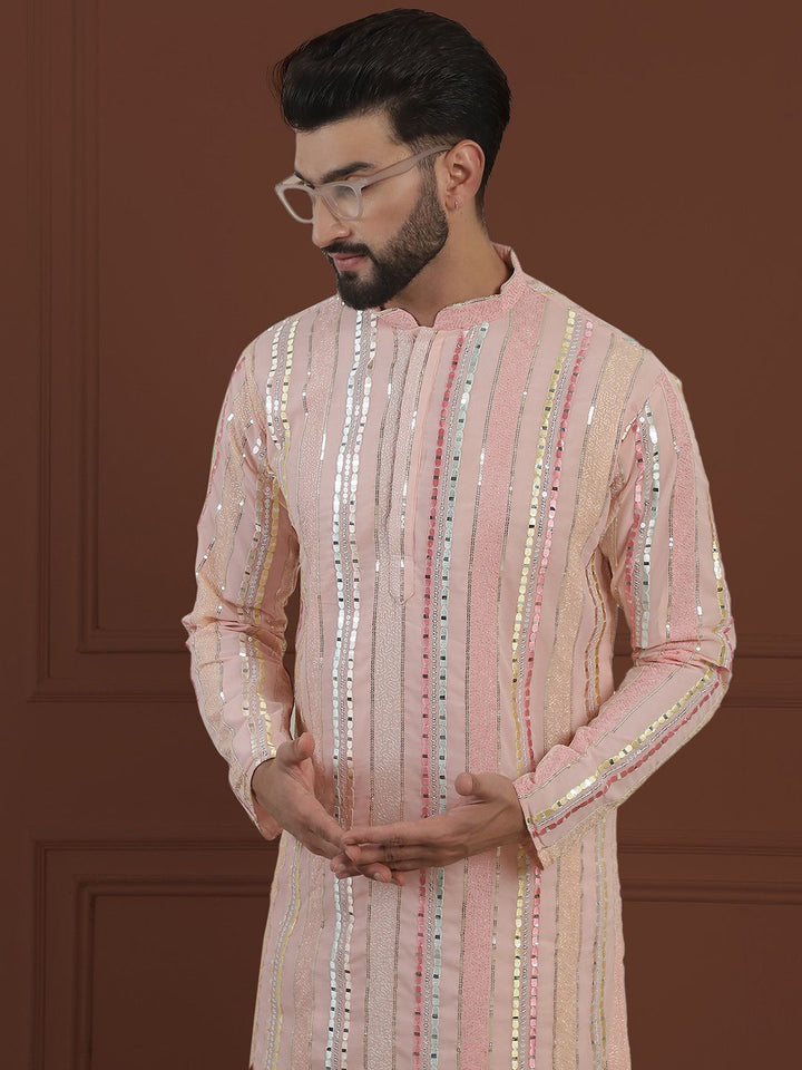 SOJANYA LUXE  Striped Embroidered Mirror Work Straight Kurta With Pyjama