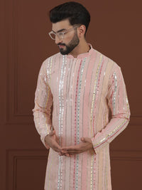 SOJANYA LUXE  Striped Embroidered Mirror Work Straight Kurta With Pyjama
