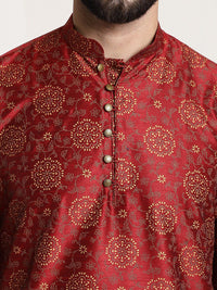 SOJANYA Floral Woven Design Mandarin Collar Silk Cotton Kurta