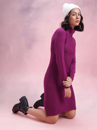 DressBerry Acrylic High Neck Geometric Self Design Sweater Dress