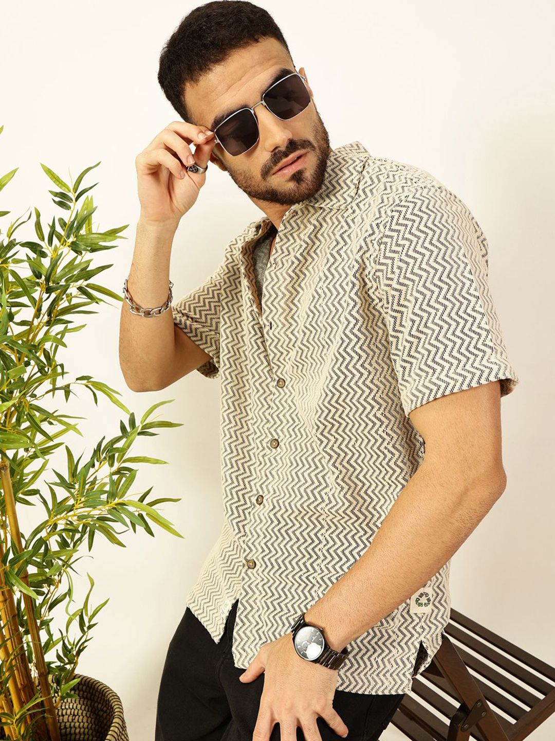 Thomas Scott Men Vertical Stripes Striped Semi-Sheer Casual Crochet Shirt
