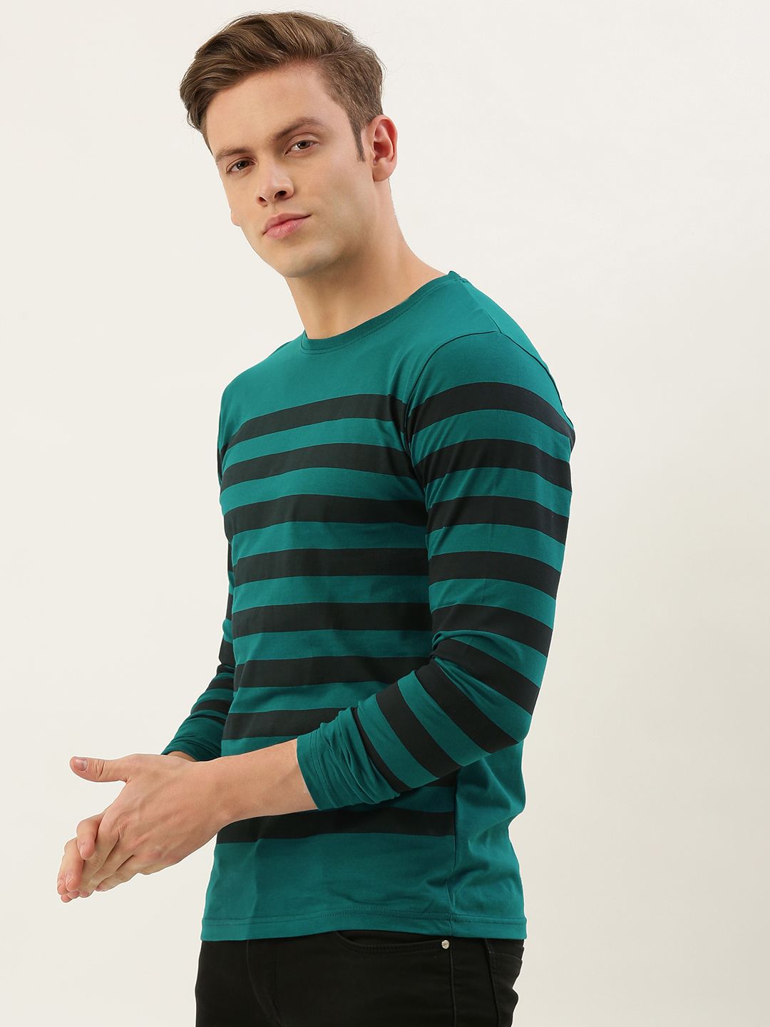 DILLINGER Men Teal Green  Black Striped Round Neck Pure Cotton T-shirt
