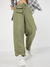 SASSAFRAS Women Olive Green Straight Fit Pure Cotton Parallel Trousers