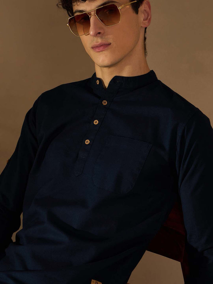 DENNISON Lelaki Navy Blue Solid Straight Pure Cotton Short Kurta