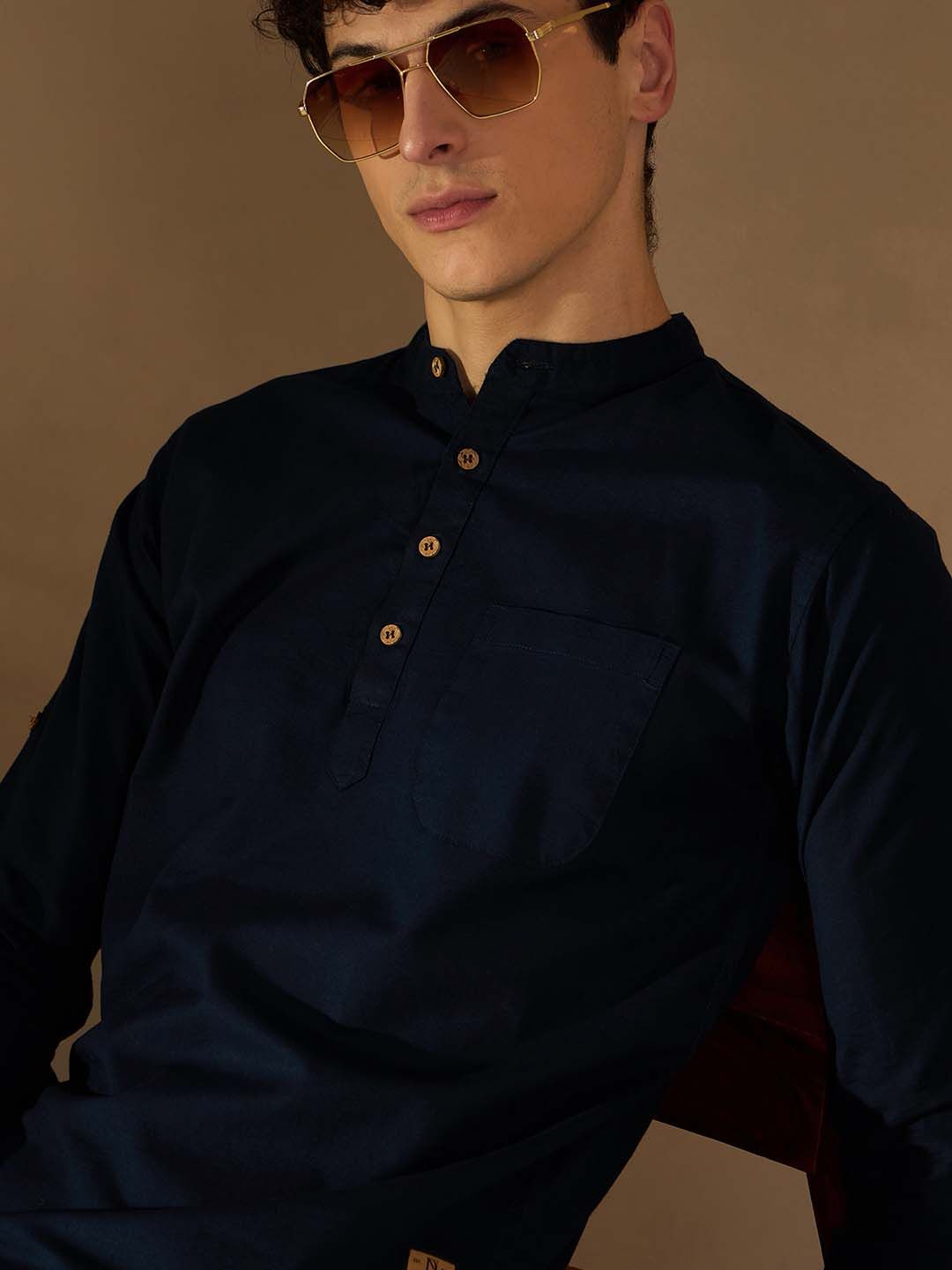 DENNISON Lelaki Navy Blue Solid Straight Pure Cotton Short Kurta