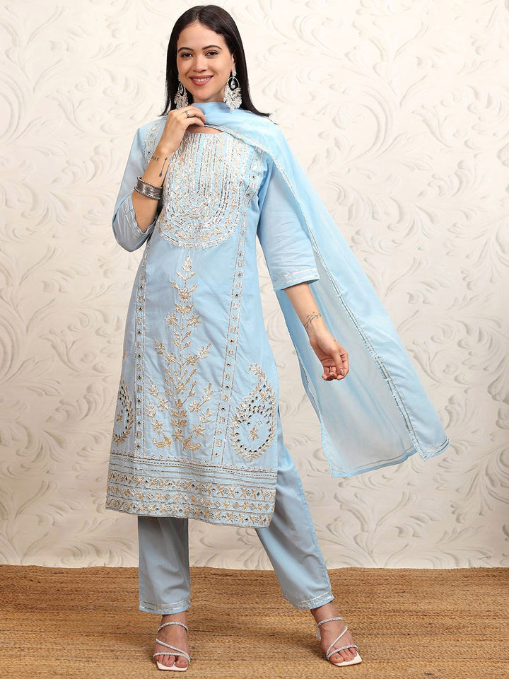 Vishudh Blue Embroidered Gotta Patti Pure Cotton Straight Kurta With Trousers & Dupatta
