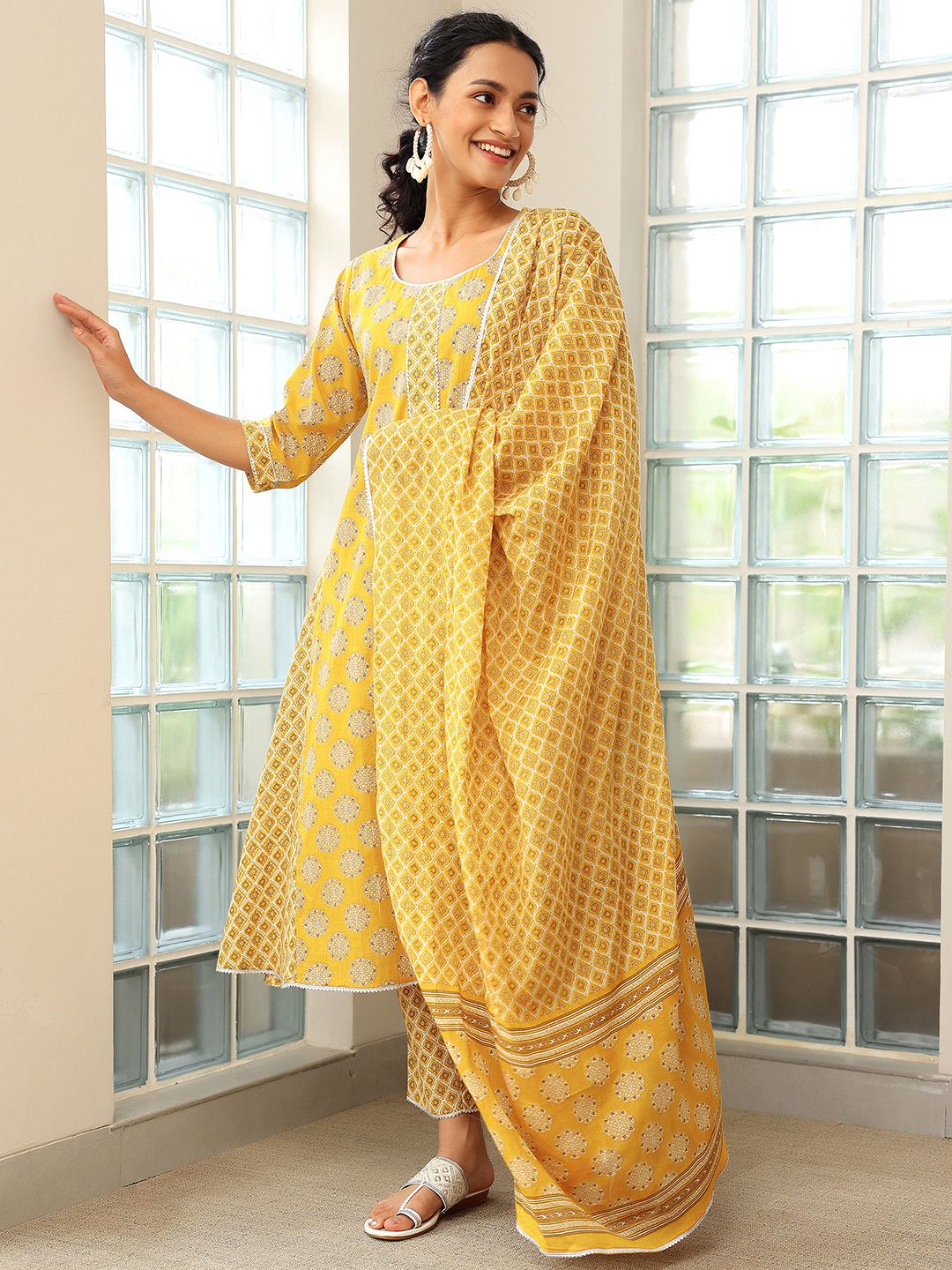 Libas Ethnic Motifs Printed A-Line Pure Cotton Kurta with Trousers & Dupatta