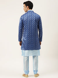 SOJANYA Men Blue Kurta with Churidar & Printed Jacket