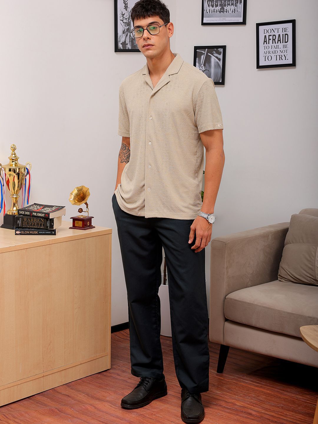 The Indian Garage Co Men Slim Fit Textured Terry Knit Resortwear Shirt