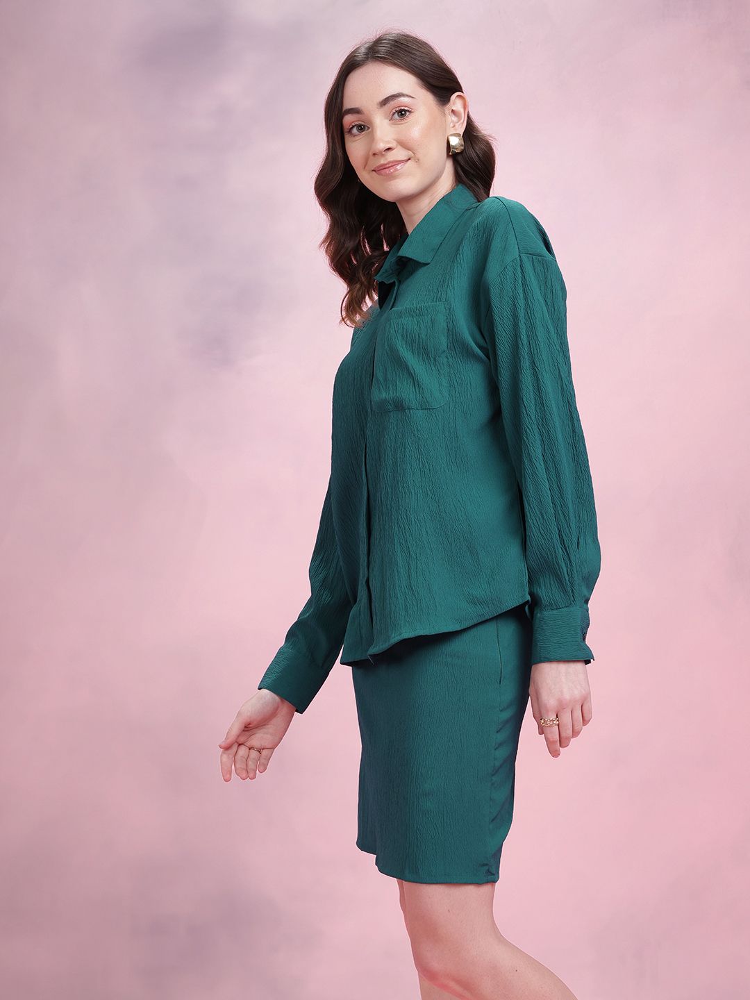 DressBerry Relaxed Fit Crinkled Shirt with Skirt Co-Ord Set