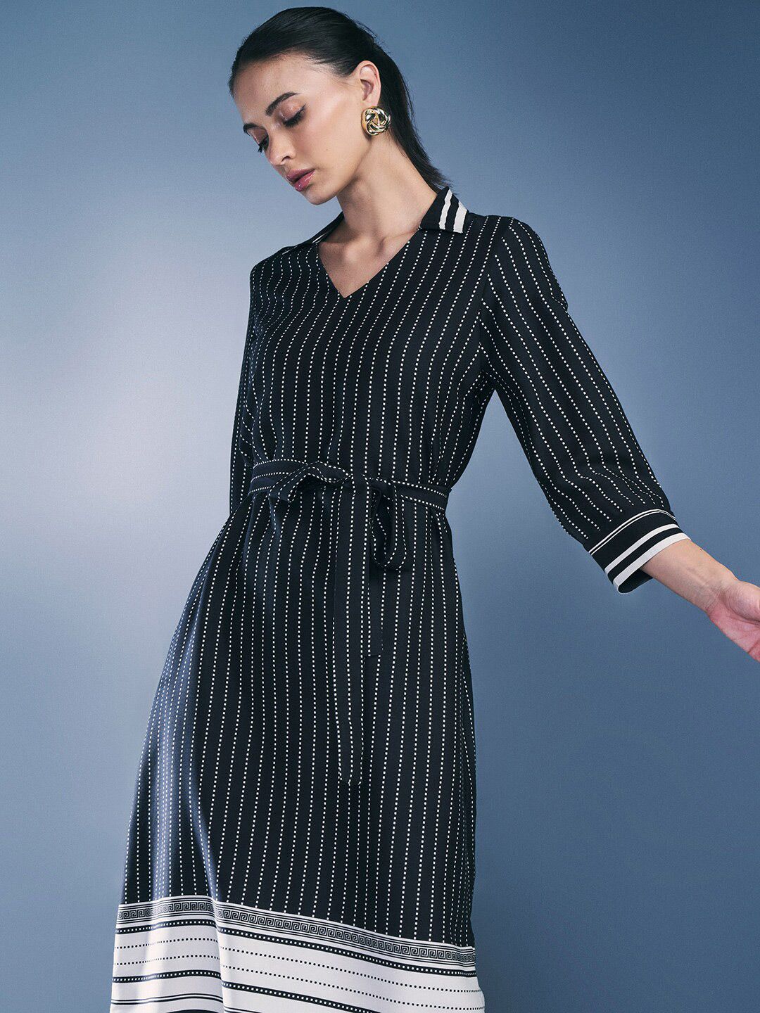 AND V-Neck Three Quarter Sleeves Striped Shirt Dress