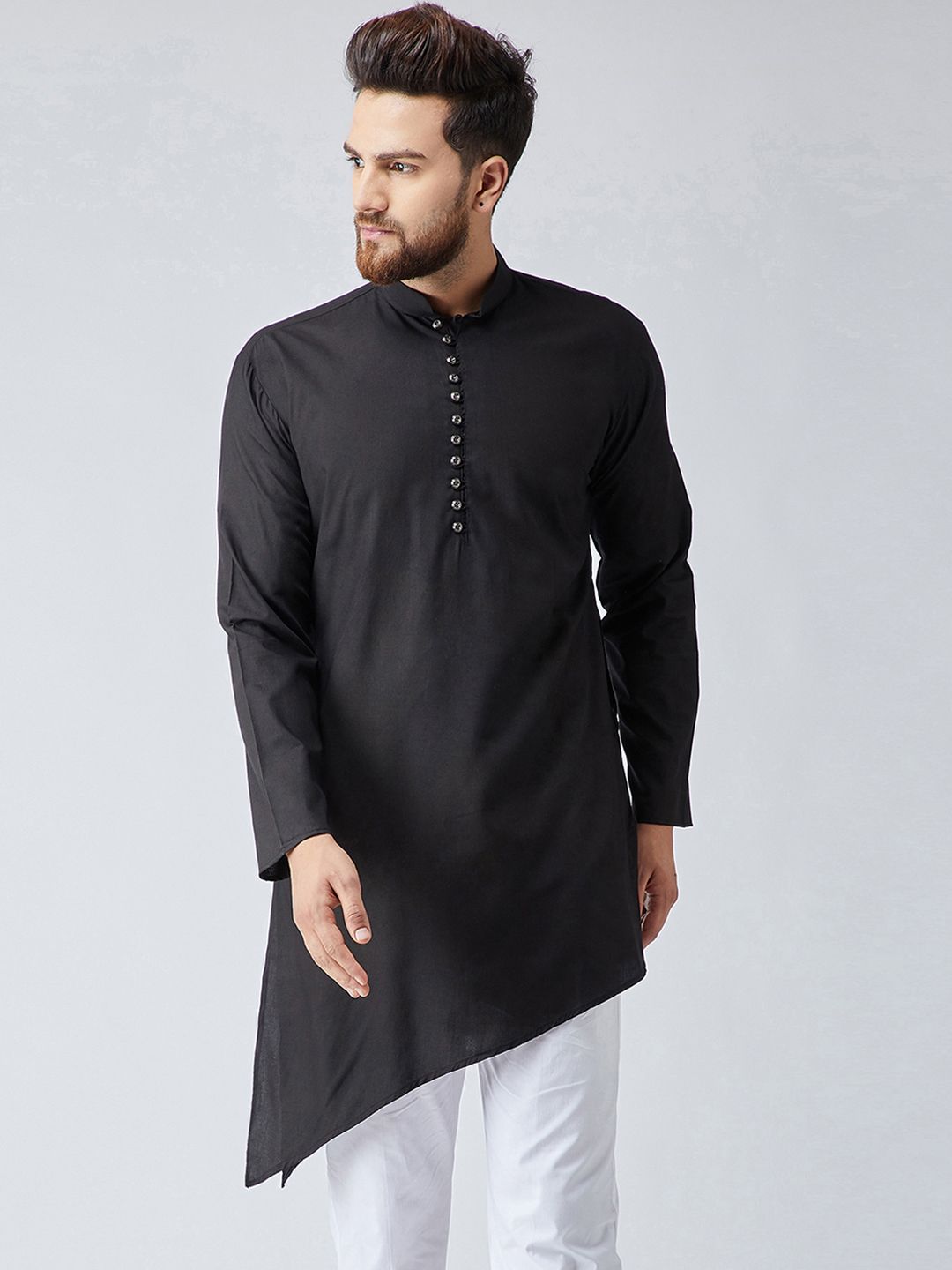 SOJANYA Men Black Solid Asymmetric Straight Kurta