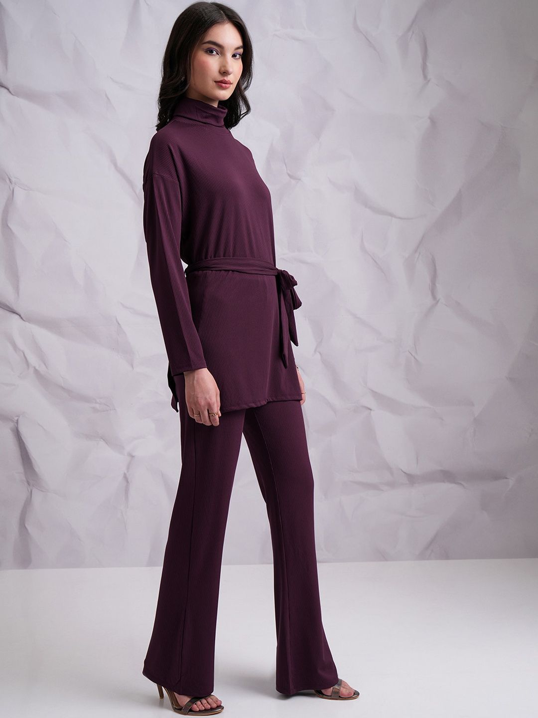 Tokyo Talkies Purple Ribbed Longline Top With Trouser