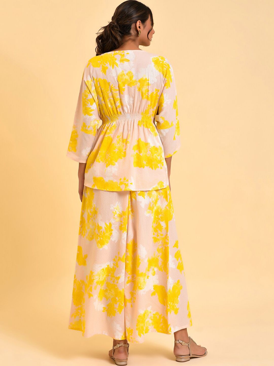 W Peach-Coloured & Yellow Abstract Printed Pure Cotton Top With Palazzos