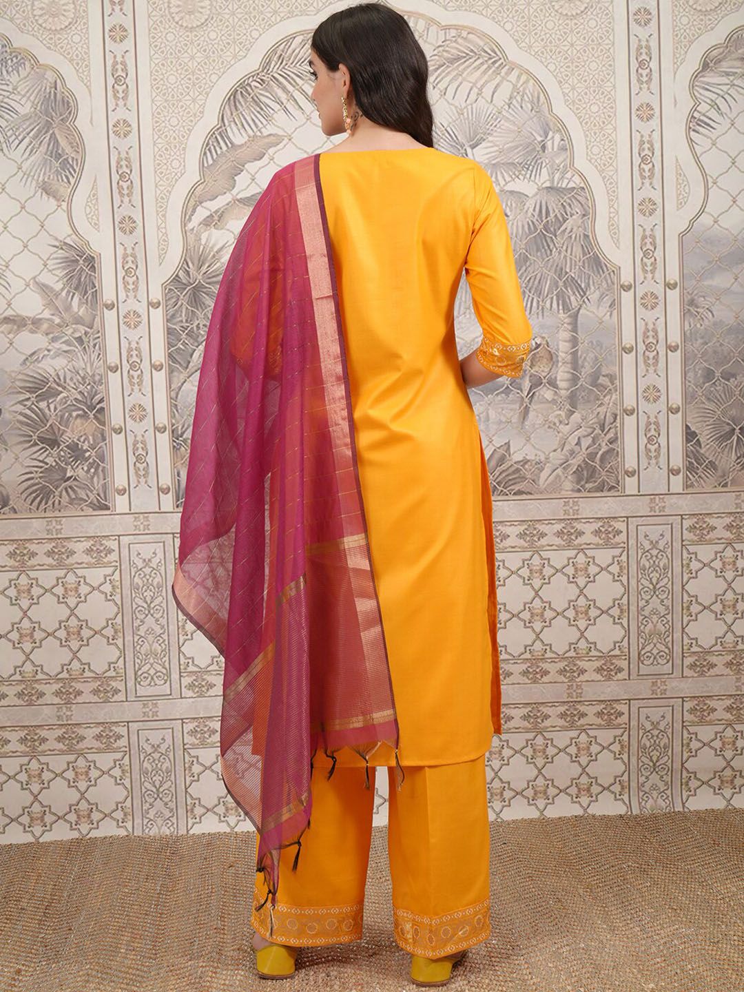 Vishudh Floral Yoke Design Straight Kurta with Palazzos & With Dupatta