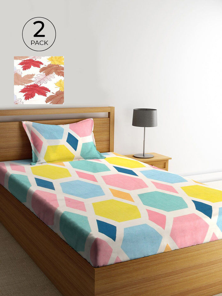 KLOTTHE Set Of 2 Printed 300 TC Single Bedsheet with 2 Pillow Covers