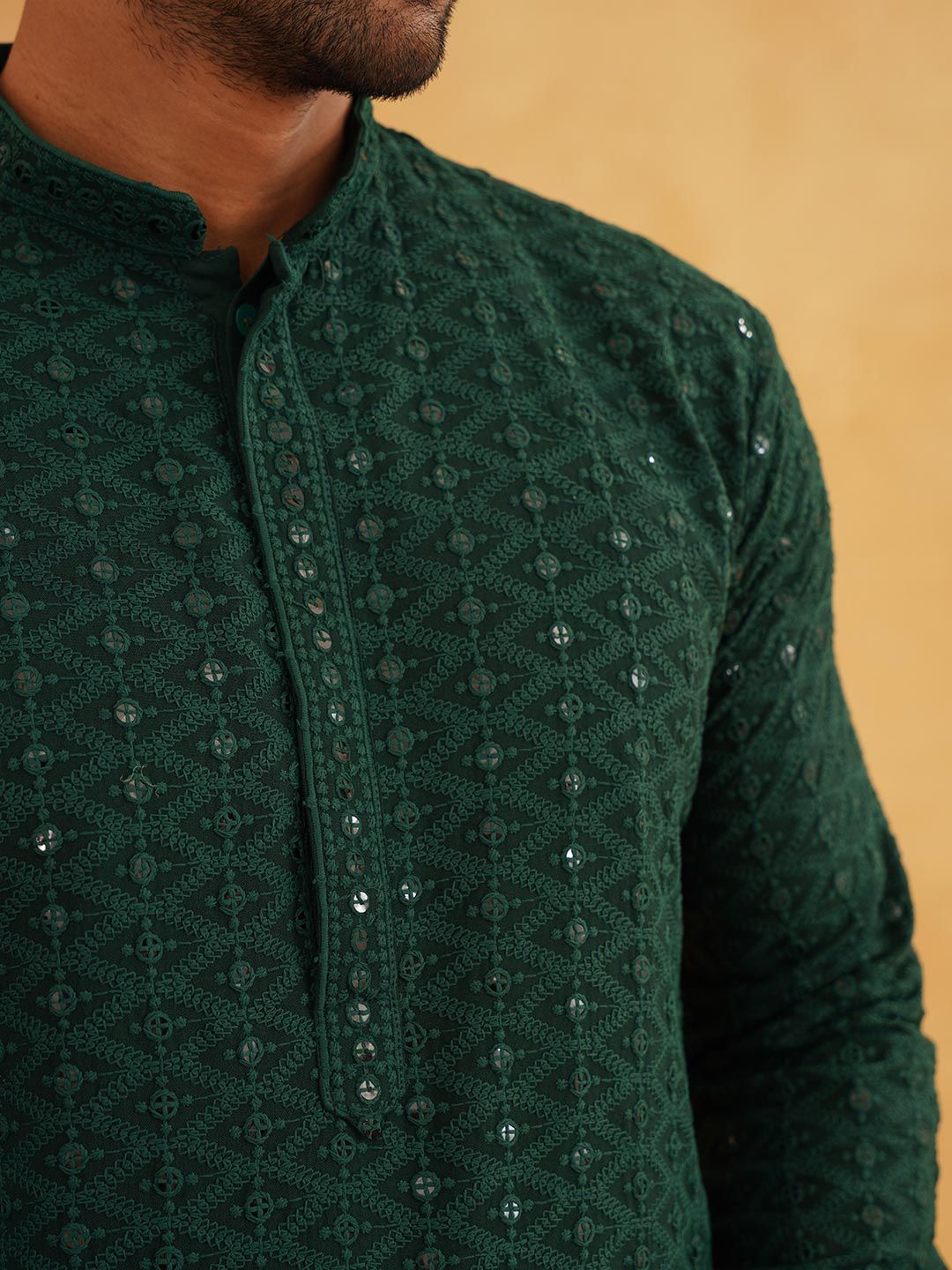 SOJANYA Embellished Mandarin Collar Sequinned Pure Cotton Kurta