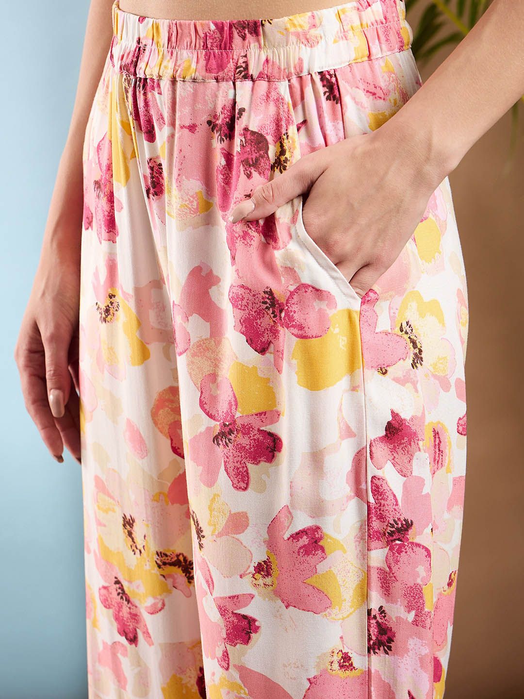 SASSAFRAS Pink Floral Printed Oversize Shirt & Trousers