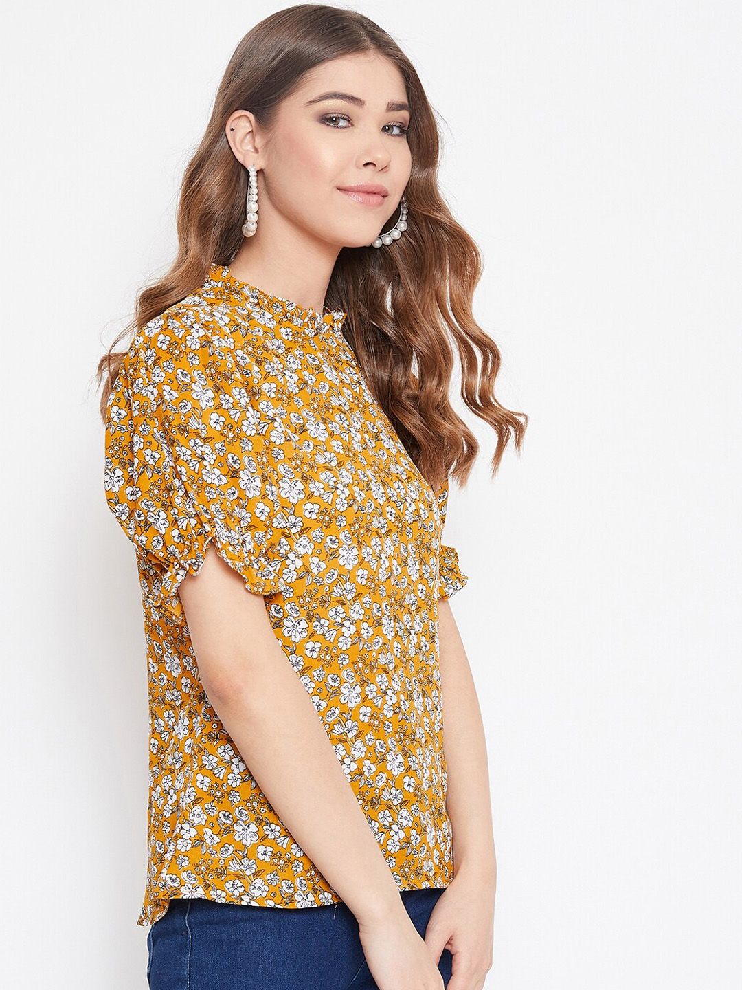 Berrylush Women Mustard Yellow & White Floral Printed Top