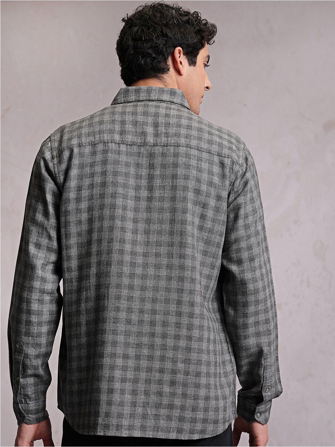 Locomotive Men Grey Linen Blend Textured Checked Regular Shirt