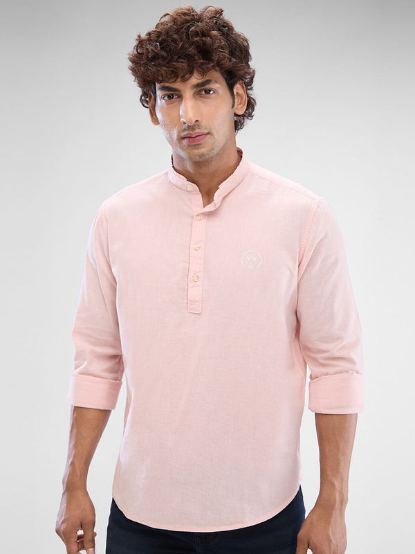 Spykar Men Slim Fit legap Mandarin Mandarin Cotton Linen Baju Kasual