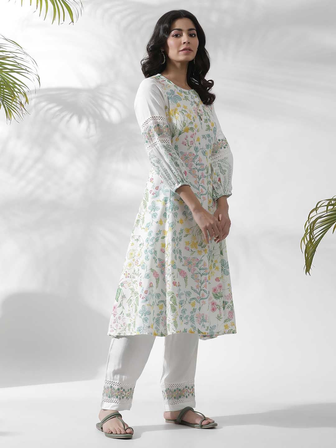 W Floral Printed Keyhole Neck Puff Sleeves A-Line Kurta