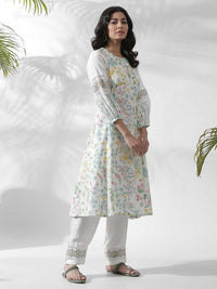 W Floral Printed Keyhole Neck Puff Sleeves A-Line Kurta