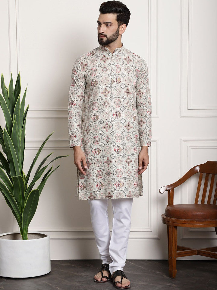Sojanya Lelaki Beige Printed Cotton Linen Kurta dengan Churidar