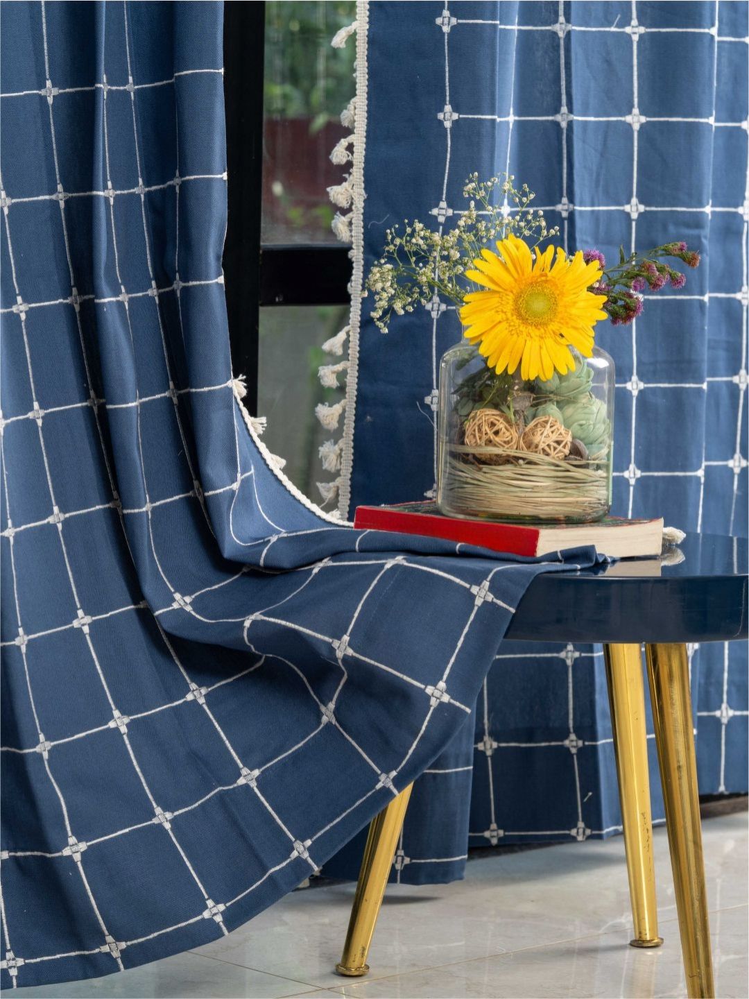 URBAN SPACE Blue & White Embroidered Window Curtain