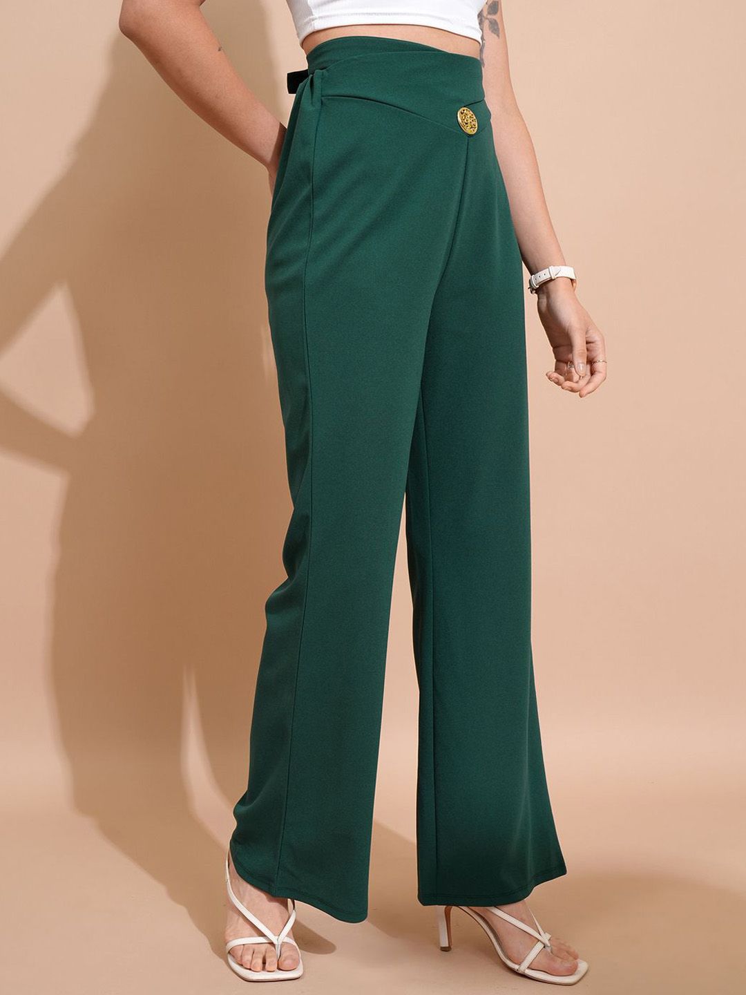 Tokyo Talkies Green Women Mid-Rise Relaxed Fit Trousers