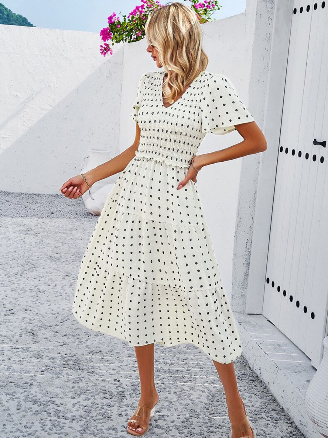 all about you Floral Print V-Neck Flared Sleeves Smocked Tiered Fit & Flare Midi Dress