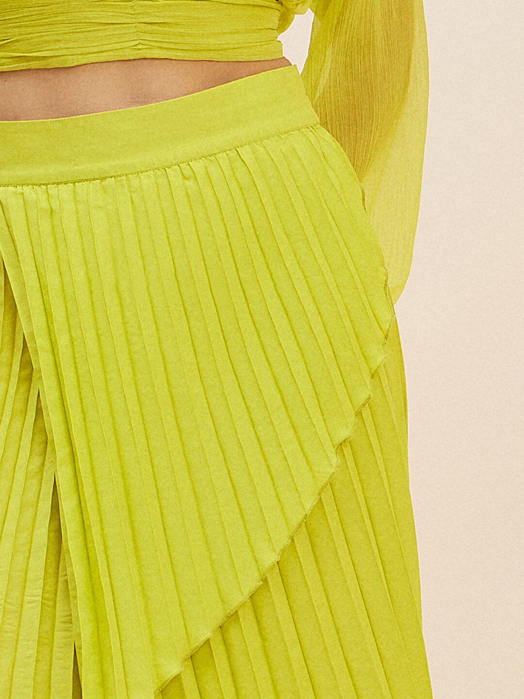 Antheaa Lime Green Crop Top With Accordion Pleated Overlap Assymetric Skirt