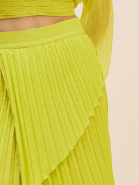 Antheaa Lime Green Crop Top With Accordion Pleated Overlap Assymetric Skirt