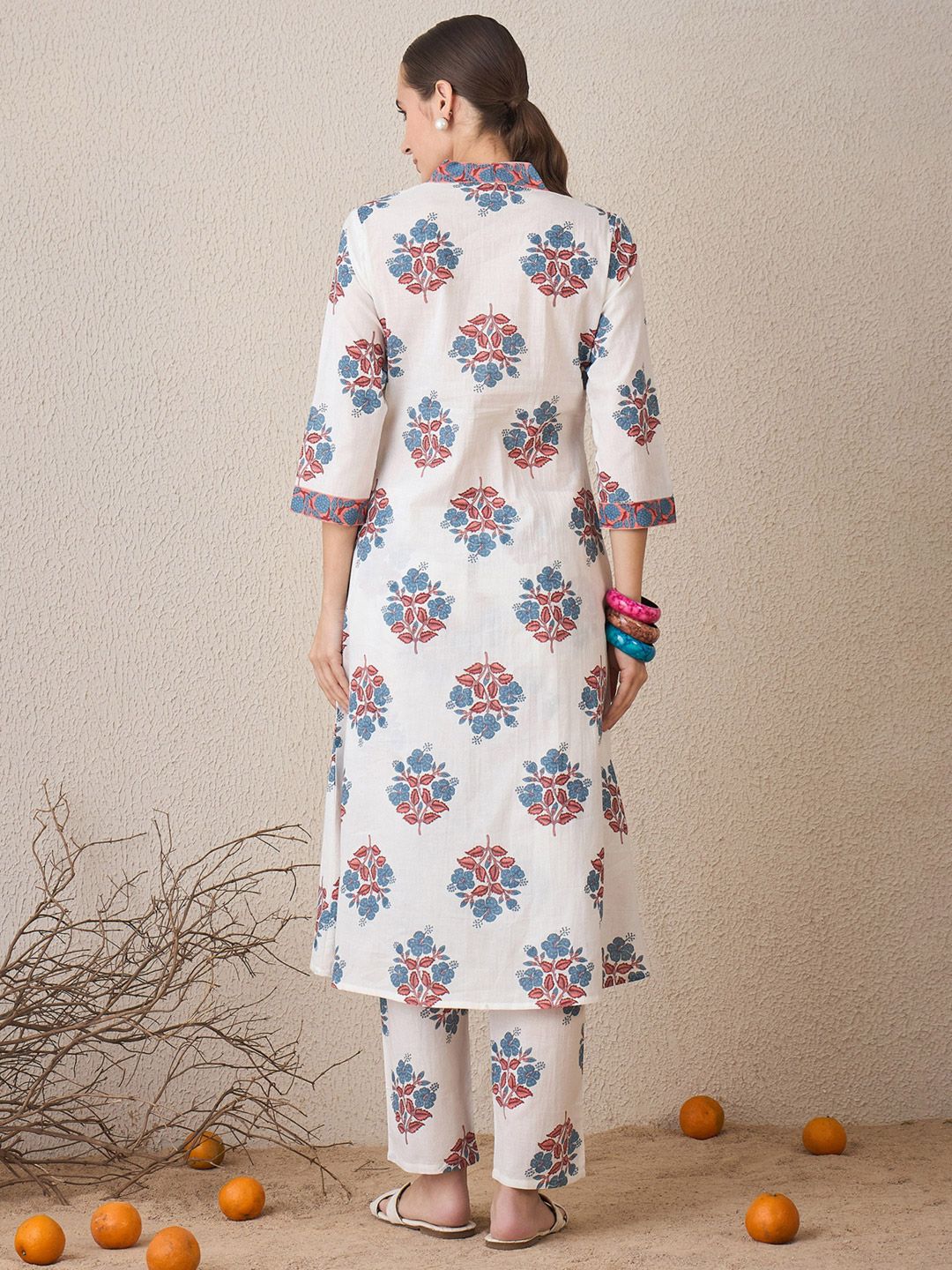 Indo Era Floral Printed V-Neck Cotton A-Line Kurta With Trousers
