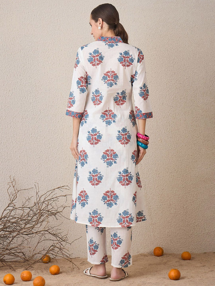 Indo Era Floral Printed V-Neck Cotton A-Line Kurta With Trousers
